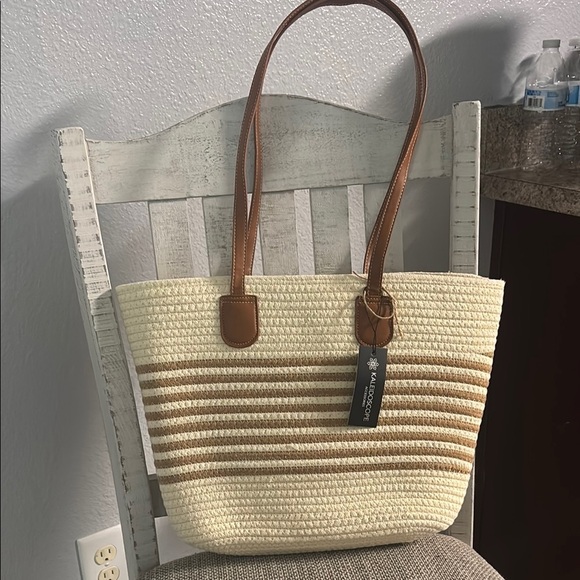 Cream and Brown Striped Tote Bag with Leather Handles - Picture 7 of 8